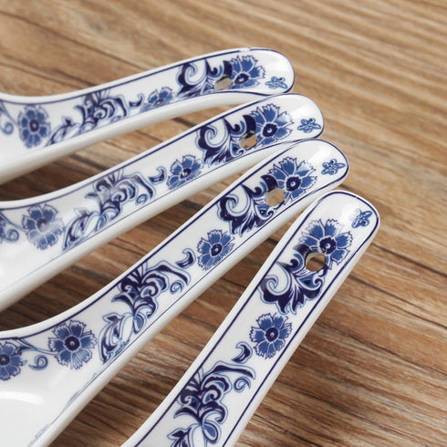 Porlien 5-inch Porcelain Navy Blue Floral Soup Spoons Set of 4...