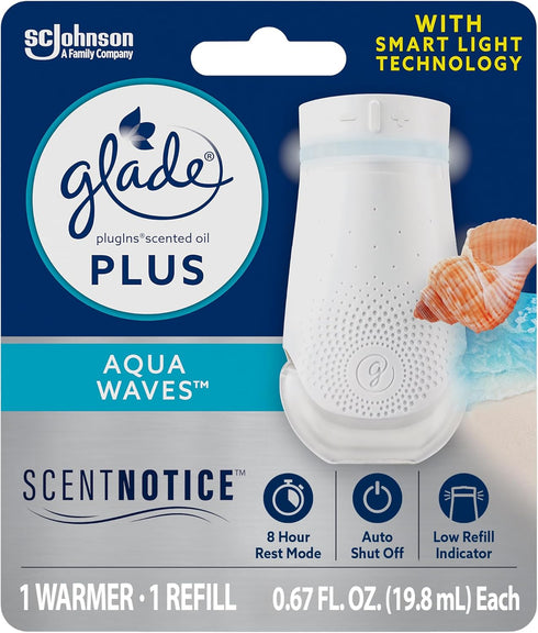 Glade PlugIn Plus Air Freshener Starter Kit, Scented Oil for Home and Bathroom, Aqua Waves, 0.67 Fl Oz, 1 Warmer + 1 Refill...