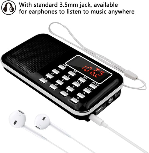 LEFON Mini Digital AM FM Radio Media Speaker MP3 Music Player Support TF Card/USB Disk with LED Screen Display and Emergency Flashlight Function (...