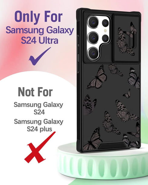 ?2in1 for Samsung Galaxy S24 Ultra Case Women Cute Girls Phone Cover Girly Aesthetic Black Butterfly Unique Design Camera Cover Compatible with Ma...