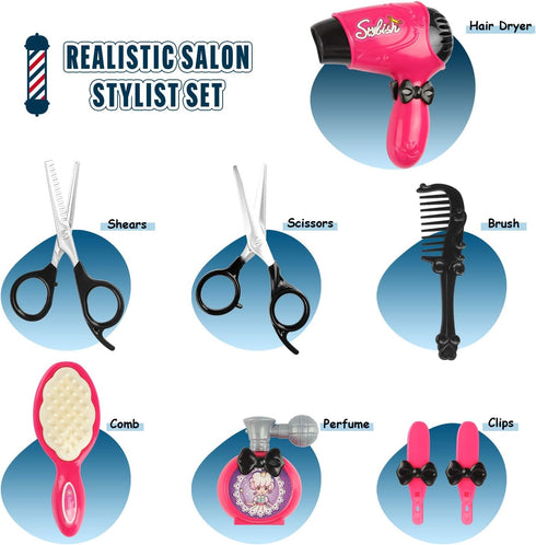 Girls Beauty Salon Set Pretend Play Stylist Hair Cutting Kit Hairdresser Toys with Hair Dryer, Scissors, Barber Apron and Styling Accessories...