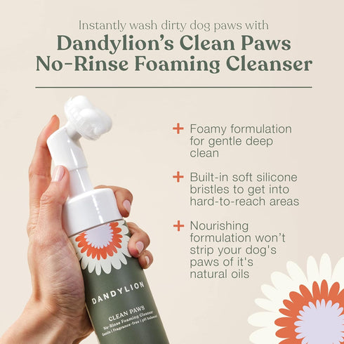 Dandylion Clean Paws | No-Rinse Foaming Cleanser | Gentle, Fragrance-Free, and pH Balanced to Provide a deep Clean Safe for All Dogs | 5fl oz. Bot...