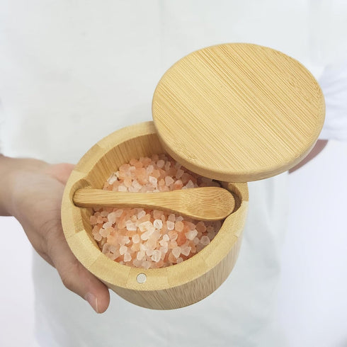 Salt Box with Lid and Spoon Bamboo Salt Container Kitchen Spice Cellars with Swivel Lid Built in Spoon Salt Holder for Storage Sea Salt 12oz Capac...