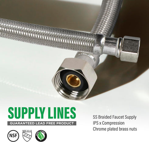 Highcraft Faucet Hose Connector 8" Length, 1/2" IPS X 3/8" Comp FIP Flexible Braided Stainless Steel Supply Line, Bathroom Kitchen Sink Extension ...