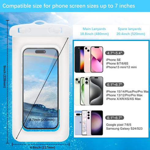 IP68 Floating Waterproof Phone Pouch/Case with Two lanyards for iPhone Samsung Google Cell Phone Dry Bag up to 7" Camping Essentials (White)...