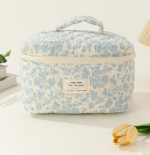 2PCS Quilted Makeup Bag,Large Floral Cosmetic Bag,Cotton Makeup Bag Set, Coquette Aesthetic Floral Travel Makeup Organizer Bag...