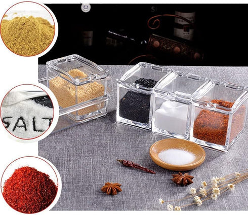 Clear Seasoning Box,4 Spice Jars Condiment Containers with Lids and 4Pcs Spoons 1Pcs Tray Seasoning Organizer for Salt, Sugar,Cardamon, Cinnamon,C...