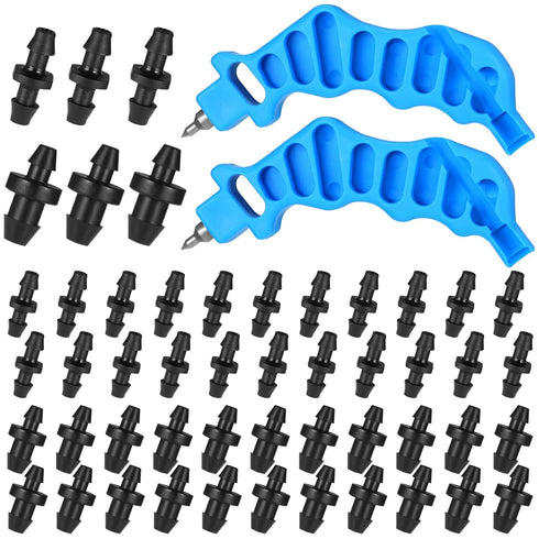 Hestya 2 Pcs 2-in-one Drip Irrigation Tubing Hole Punch and Fitting Insertion Tool and 50 Pcs 1/4" Drip Irrigation Fittings Kit 25 Barbed Connecto...