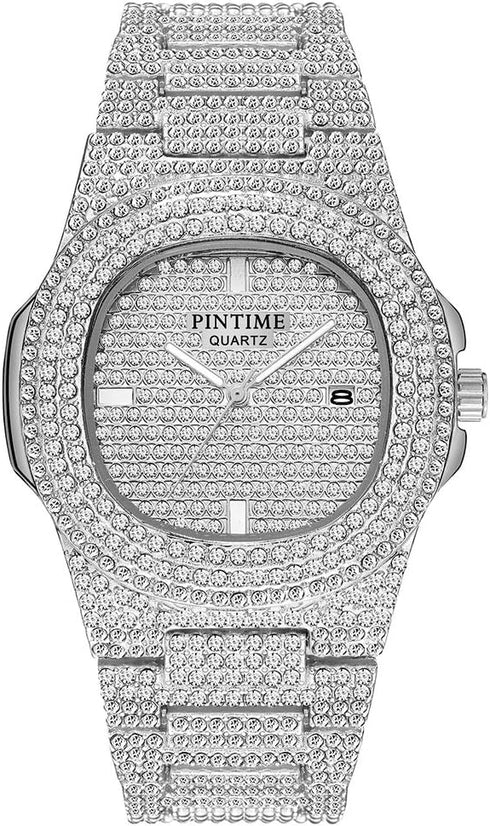 Gosasa Men's/Womens Unisex Crystal Watch Full Bling Iced-Out Cuban Watch Oblong Silver/Gold Wristwatch Hip-Hop Stainless Steel Bracelet Watch...