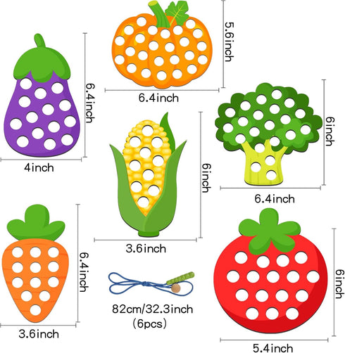 6 Pcs Lacing Toy Toddlers, Vegetable Wooden Threading Toys, Educational and Learning Montessori Activity Baby and Kids, Fine Motor Skill Toys, Pum...