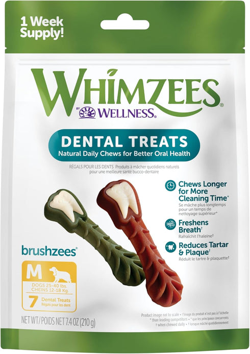 Whimzees Brushzees Dental Dog Treats for Medium Dogs (25-40 lbs), Bag of 7 Chews, Vegetable...