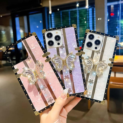 Luxury Square Compatible with iPhone 13 Pro Max 6.7 Inch Case, Cute Bling Pearl Butterfly Diamond Kickstand Cover, Glitter Silicone Shockproof Pro...