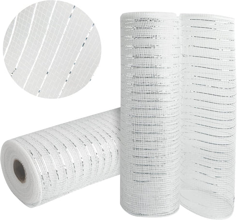 2 Rolls White Deco Mesh Ribbon 10 in x 30 ft,Basic Metallic Deco Mesh RibbonRolls for Deco DIY Wreath Supplies Christmas Tree Decoration Gift Wrap...
