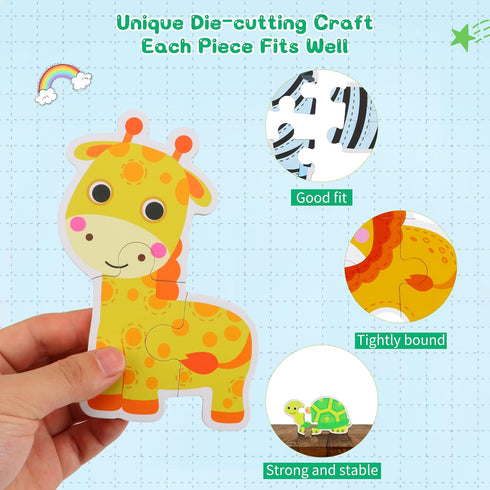 FLYINGSEEDS 6 Packs Safari Animals Shaped Wooden Jigsaw Puzzles for Toddlers Ages 1-3, Level-up Puzzles for Beginner, Montessori Learning Toys Pre...