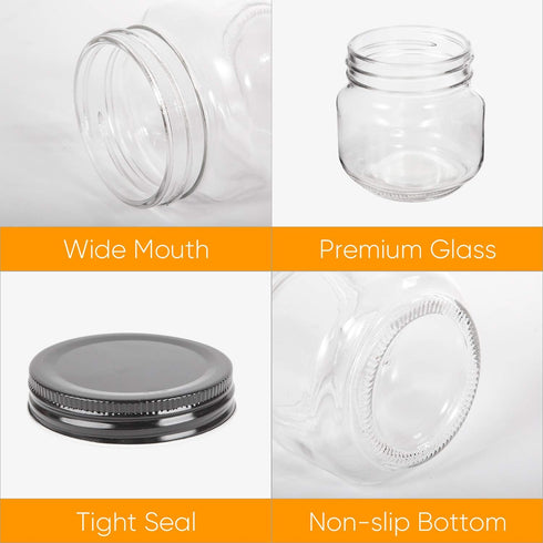 QAPPDA Mason Jars, Glass Jars With Lids 8 oz,Canning Jars For Pickles And Kitchen Storage,Wide Mouth Spice Jars With Black Lids For Honey,Caviar,H...