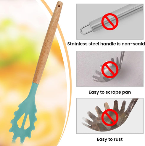 Silicone Spaghetti Spoon, Pasta Fork, 12.6 Inch Noodle Spoon, Pasta Spoon with Wooden Handle, Spaghetti Server for Cooking, BPA Free, Green...
