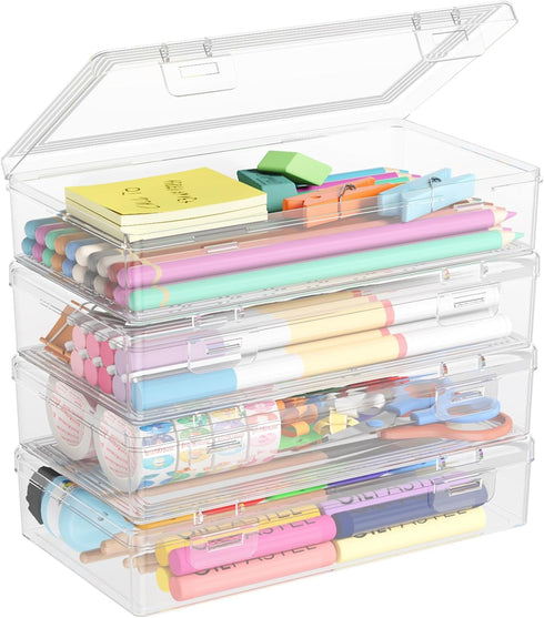 Lifewit Plastic Pencil Box with Snap-tight Lid, Large Capacity Hard Pencil Case, Stackable Craft organizer for Art Supply, Office, 4 Pack...