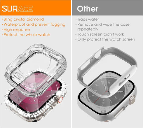 Surace 2 in 1 Waterproof Bling Case Compatible for Apple Watch Series 9 8 7 45mm, Over 100 Crystal Diamonds with Screen Protector, Front & Back Fu...