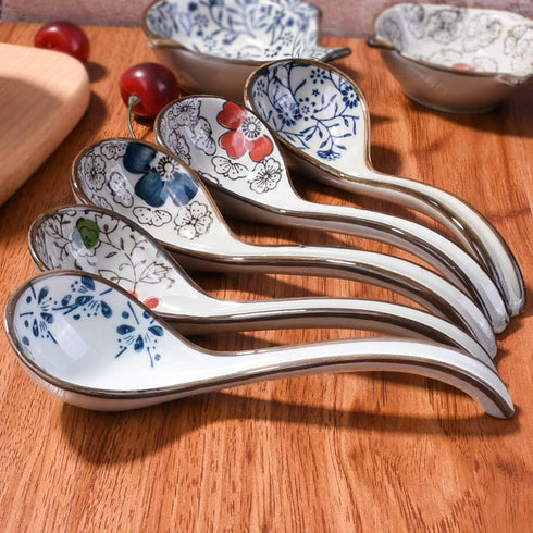 Japanese and Korean Large Ceramic Soup Spoon Set of 5 Hand-Painted Long Handle Rice Spoons...