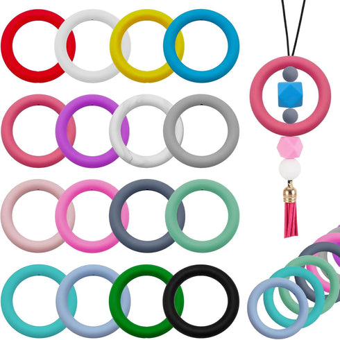 16pcs Silicone Beadable O Rings 65mm Silicone Bead Ring 16 Colors Silicone Focal Bead Round Silicone Loop with 2 Hole for DIY Keychain Car Bracele...