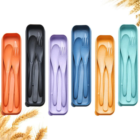 Reusable Travel Utensils Set with Case, 6 Sets Wheat Straw Portable Plastic Fork Spoons Knife Camping Cutlery, Eco-Friendly BPA Free Lunch Tablewa...