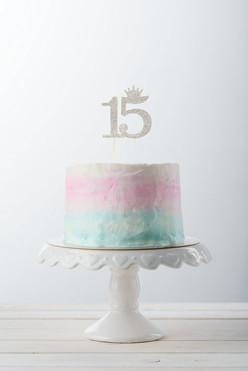 Number 15 Quinceanera Rhinestone Princess Crown Monogram Cake Topper - Sweet 15th Birthday Party (Gold)...