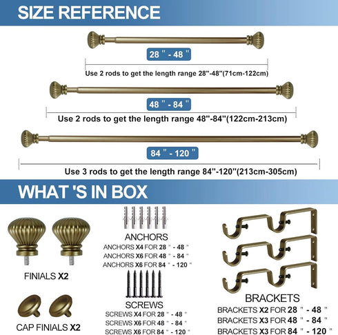 Urbanest Fluted Ball Adjustable Double Drapery Curtain Rod Set, 5/8", 48"-84", Antique Gold...