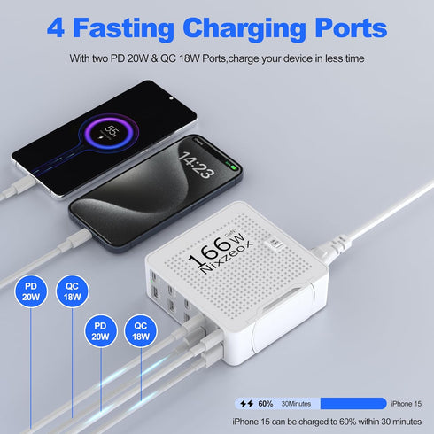 166W GaN10-Port USB C Charging Station PD20W QC18W Fast Charging Wall Charger for iPhone 15/14/13/12/11 iPad Samsung Pixel 5FT Extension Cord Whit...