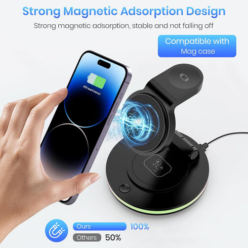 3 in 1 Charging Station for Apple Devices, 15W Fast Charger Stand Magnetic Wireless Charger Station, Rotatable & Foldable with Night Light for iPh...