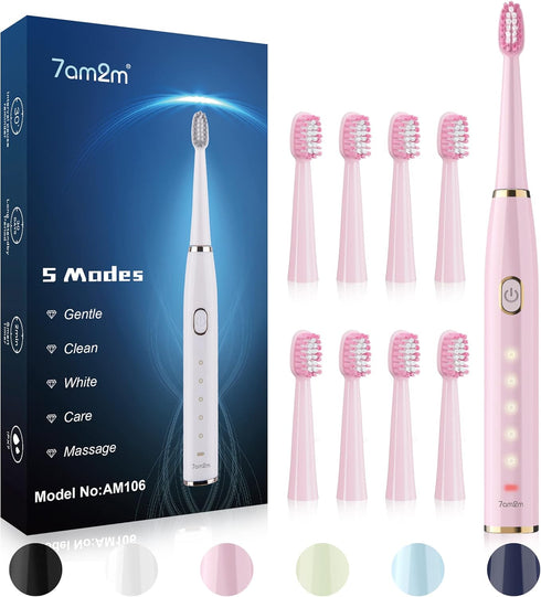 7AM2M Sonic Electric Toothbrush for Adults and Kids- High Power Rechargeable Toothbrushes with 8 Brush Heads,5 Adjustable Modes, Built-in 2-Minute...