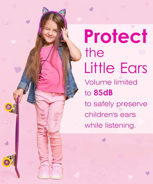FosPower Kids Headphones with LED Cat Ears (Safe Volume Limit 85 dB), 3.5mm On-Ear Wired Headphones with Laced Tangle-Free Cables for Boys/Girls/S...