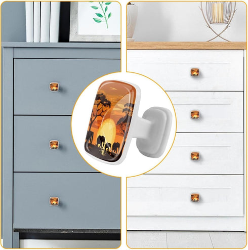 4pcs Drawer Pulls with Screws, Cabinet Knobs Drawer Handles, Bookcase Wardrobe Handle, Square, sunset pattern elephant silhouette...