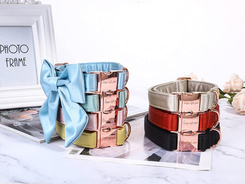 Unique style paws Silk Champagne Color Dog Collar Adjustable Durable Dog Collar with Bow Wedding Bow tie Dog Collar for Small Puppy and Cats...