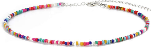 SCIONE Beaded Necklace 10 Pieces Tiny Seed Beaded Necklace Bohemian Hawaiian White Rainbow Adjustable Colorful Necklaces for Women Girls...