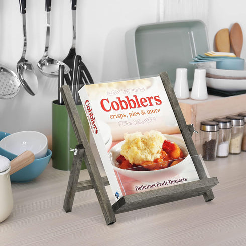 MyGift Wood Cookbook Stand for Kitchen, Vintage Gray and Clear Acrylic Cookbook Recipe Tablet Holder/Book and Magazine Display Rack with Kickstand...