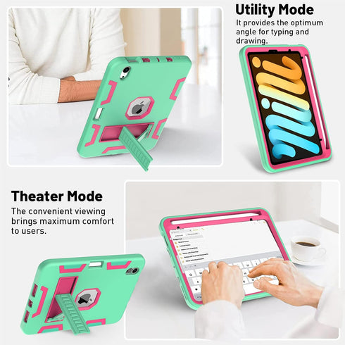 AICase iPad mini 6 (2021) with Screen Protector, Kickstand Shockproof Heavy Duty Resistant Rugged Hybrid Three Layer Full Body Protection Case wit...