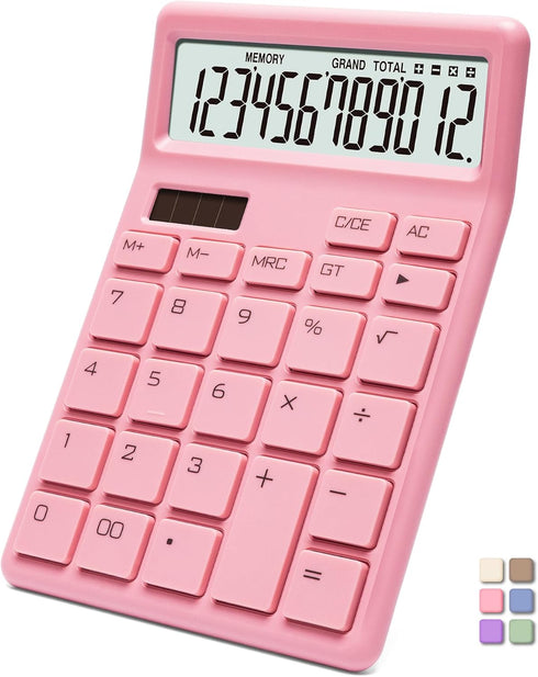 Standard Calculator 12 Digit,Pink Desktop Dual Power Battery and Solar,Desk Calculators with Large LCD Display,Perfect for Home, Office,and School...
