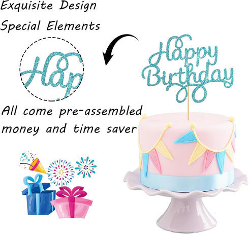 Blue Glitter Happy Birthday Cake Topper, Birthday Party Decorations...