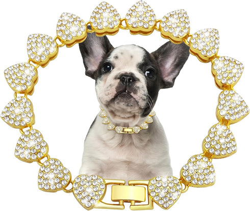 Glitter Metal Cuban Diamond Dog Chain Dog Training Chain with Secure Buckle Heart-Shaped Pet Collars for Large Medium Dogs...