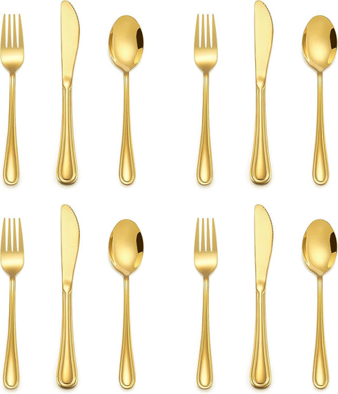12-Piece Gold Kids Silverware, E-far Stainless Steel Toddler Kids Utensils Safe for Preschooler/Children, Includes 4 Forks 4 Spoons 4 Knife, Sliml...