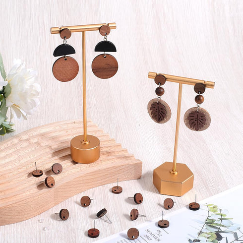 1 Box 50Pcs Wood Earring Stud Posts Wooden Earring Studs Blank Round Flat Pad Ear Studs with Ear Nuts and Loop Brown Earring Findings Posts for Je...