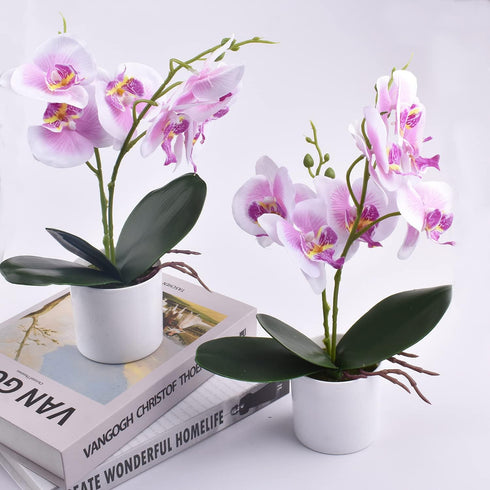 XONOR Artificial Orchid Flowers, 2 Pieces Potted Fake Orchids with Plastic Vase for Table Centerpiece Home Decor Office Wedding Party Decoration...