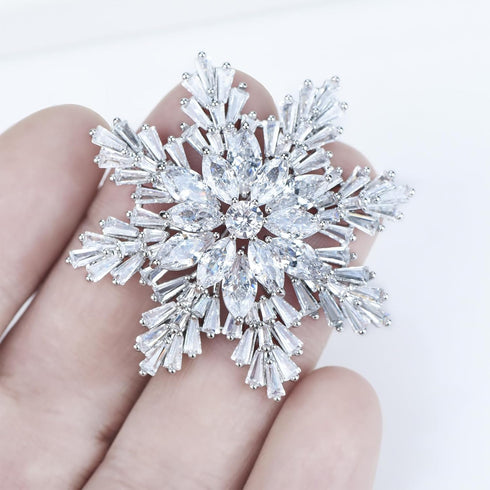 Women's Cubic Zircon Snowflake Brooch Pins Elegant Clear Crystal Ice Flower Lapel Pin Breastpin...