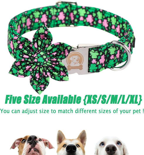 MR. CHUBBYFACE St.Patrick's Day Clover Dog Collar,Pink Green Clovers Adjustable Dog Collar with Flower Tie for Small Medium Large Dogs,M...