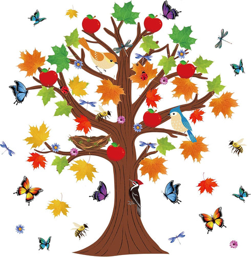 133 Pieces Classroom Tree Bulletin Board Set Fall Tree Bulletin Board Decoration Seasonal Trees for Bulletin Board Butterflies Maple Leaves Cutout...