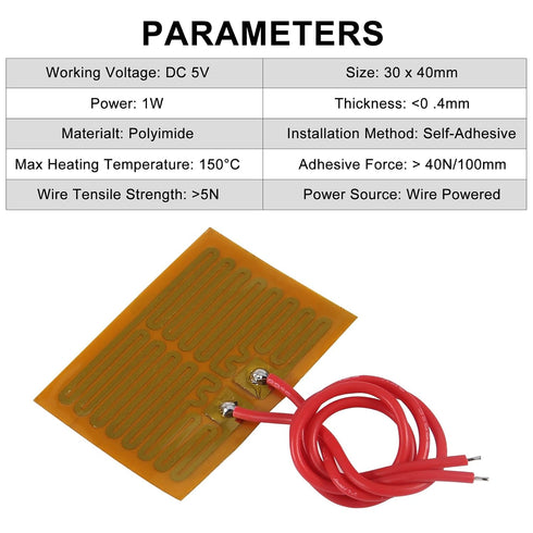 15pcs 30mmx40mm Film Heater Plate Adhesive Pad, PI Heating Elements Film 5V 1W Strip Heater Adhesive Polyimide Heater Plate (5V 1W 30mmx40mm)...