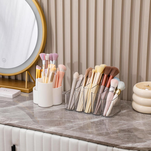 Yesesion Plastic Makeup Brush Holder for Desk, Clear Cosmetics Brushes Organizer with 5 Compartment, Storage Cup for Eyeliners, Facial Painting Ki...