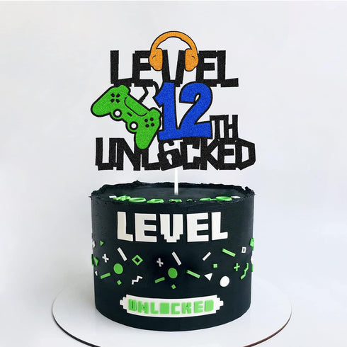 Level 12th Unlocked Cake Topper, Happy 12th Birthday Level Up Cake Decoration, Video Game Controller Play Game Theme, Boy’s Twelfth Birthday Party...