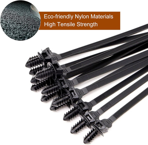 Push Mount Zip Ties, 8 inch Cable Zip Tie Black Wire Tie with Push Pin Fir Tree Zip for Indoor and Outdoor (100 Pack)...
