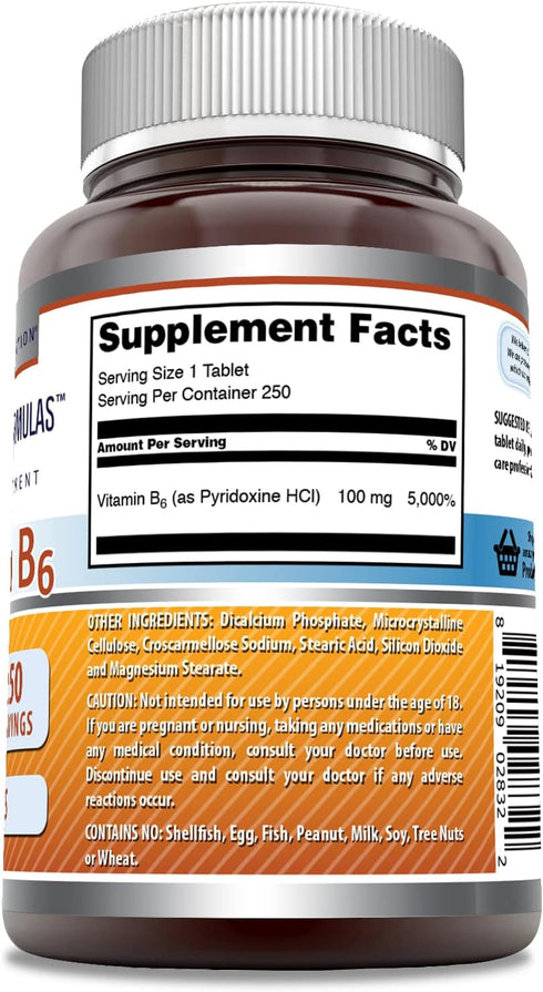 Amazing Formulas Vitamin B6 Pyridoxine 100mg 250 Tablets Supplement | Non-GMO | Gluten Free | Made in USA...